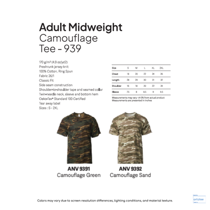 T-Shirt Camouflage Tee Adult Midweight Unisex 170gsm ANV939 Artiztee Collection Size Chart