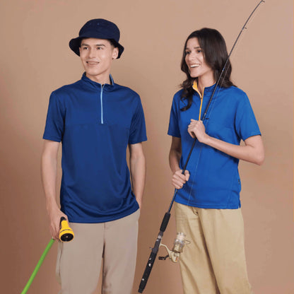 A man and a woman wearing the QD18 unisex microfibre half-zip mock neck shirt in navy pro and royal on a fishing trip, showing the contrast-colour zip placket