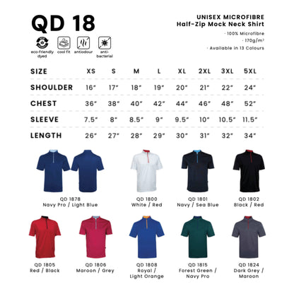 QD18 size chart from XS to 5XL with shoulder, chest, sleeve and length measurements, plus all 9 available two-tone colours in 100% microfibre 170gsm