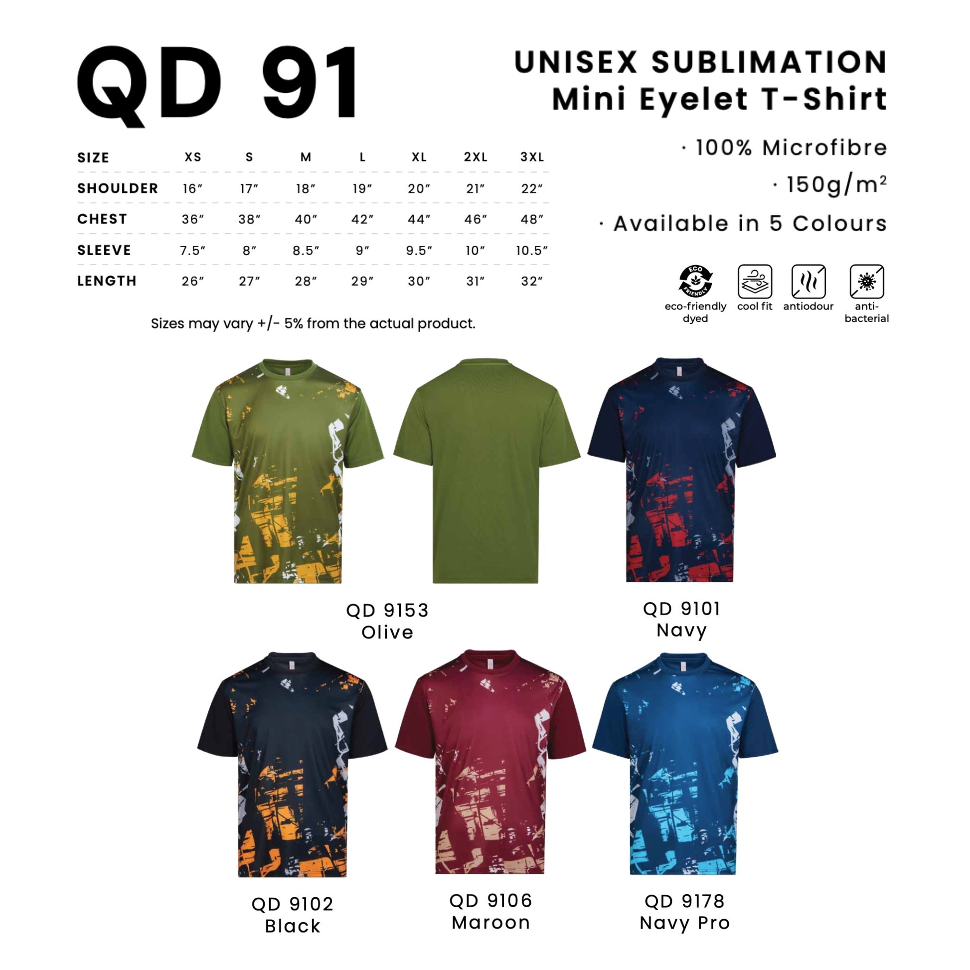 QD91 size chart from XS to 3XL with shoulder, chest, sleeve and length measurements, plus all 5 available colours in 100% microfibre 150gsm
