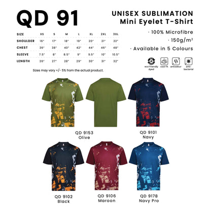 QD91 size chart from XS to 3XL with shoulder, chest, sleeve and length measurements, plus all 5 available colours in 100% microfibre 150gsm