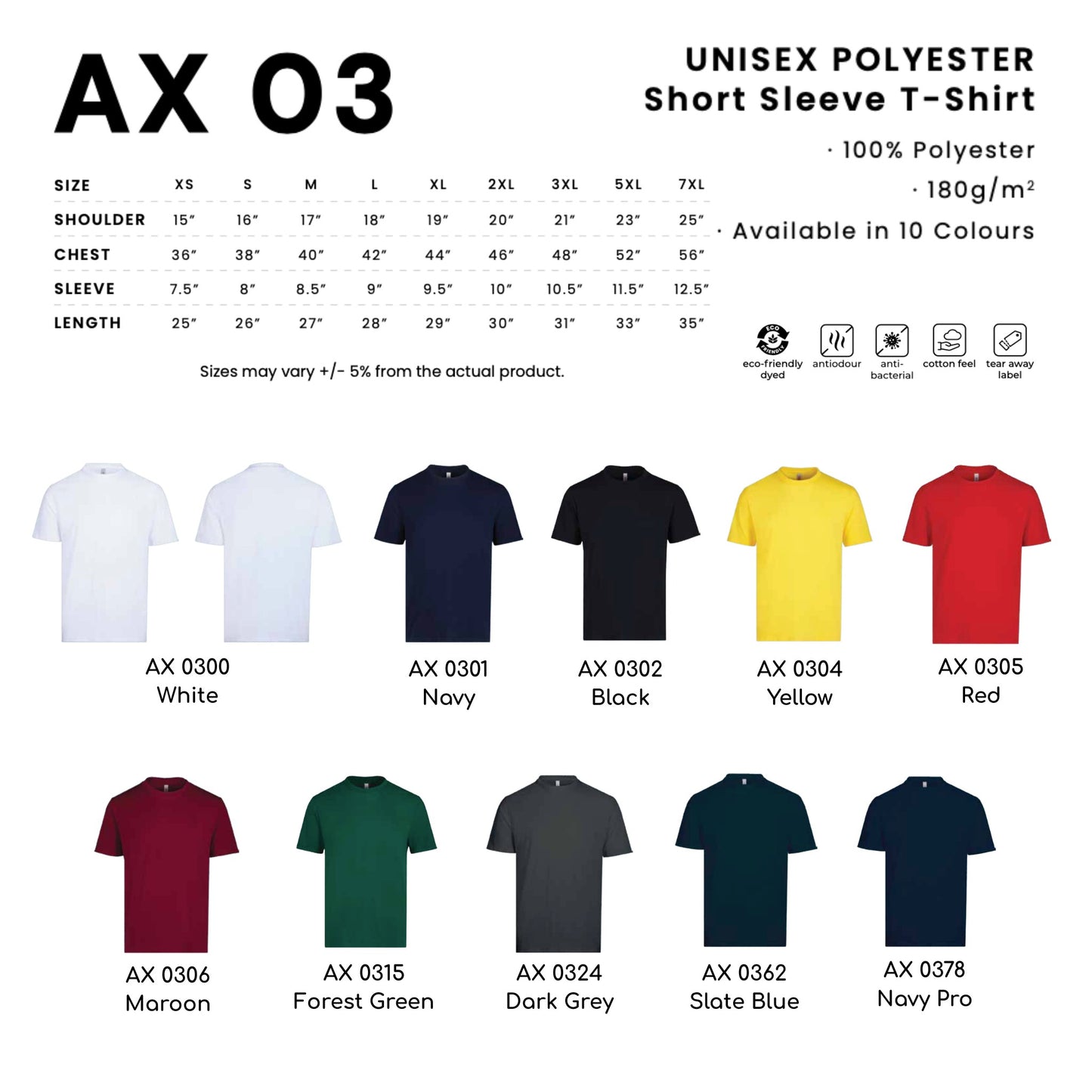 AX03 size chart from XS to 7XL with shoulder, chest, sleeve and length measurements, plus all 10 available colours in 100% polyester 180gsm