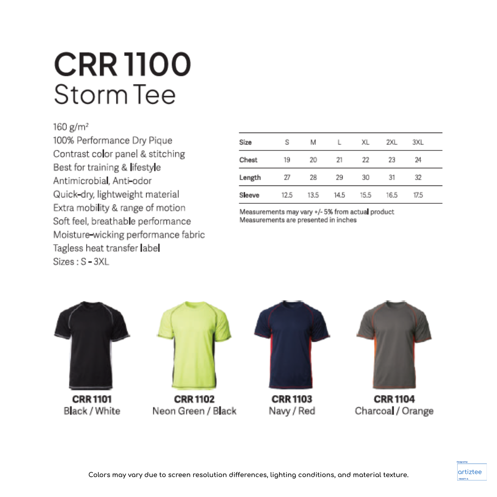 T-Shirt Storm Tee Unisex 160gsm CRR1100 Collection Size Chart