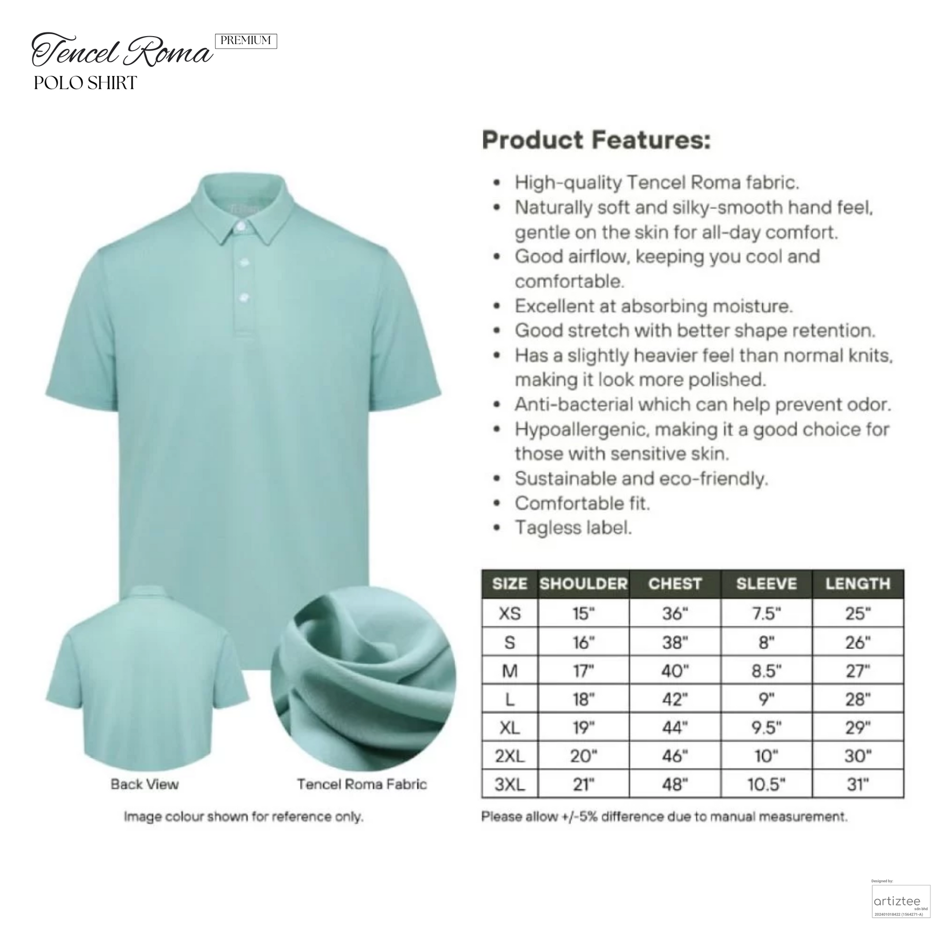Premium Tencel Roma Polo Shirt | Size Chart | TT03