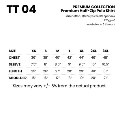 TT04 size chart from XS to 3XL with measurements