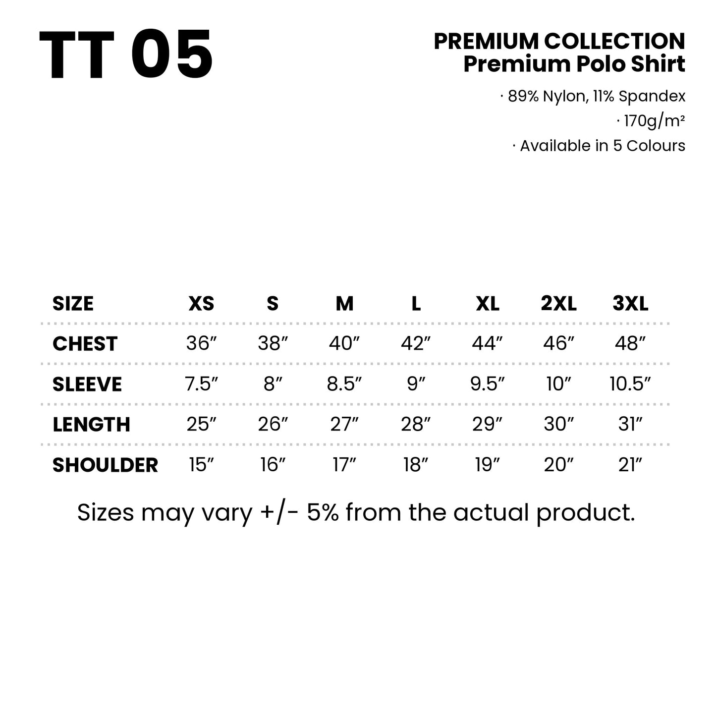 TT05 size chart from XS to 3XL with measurements