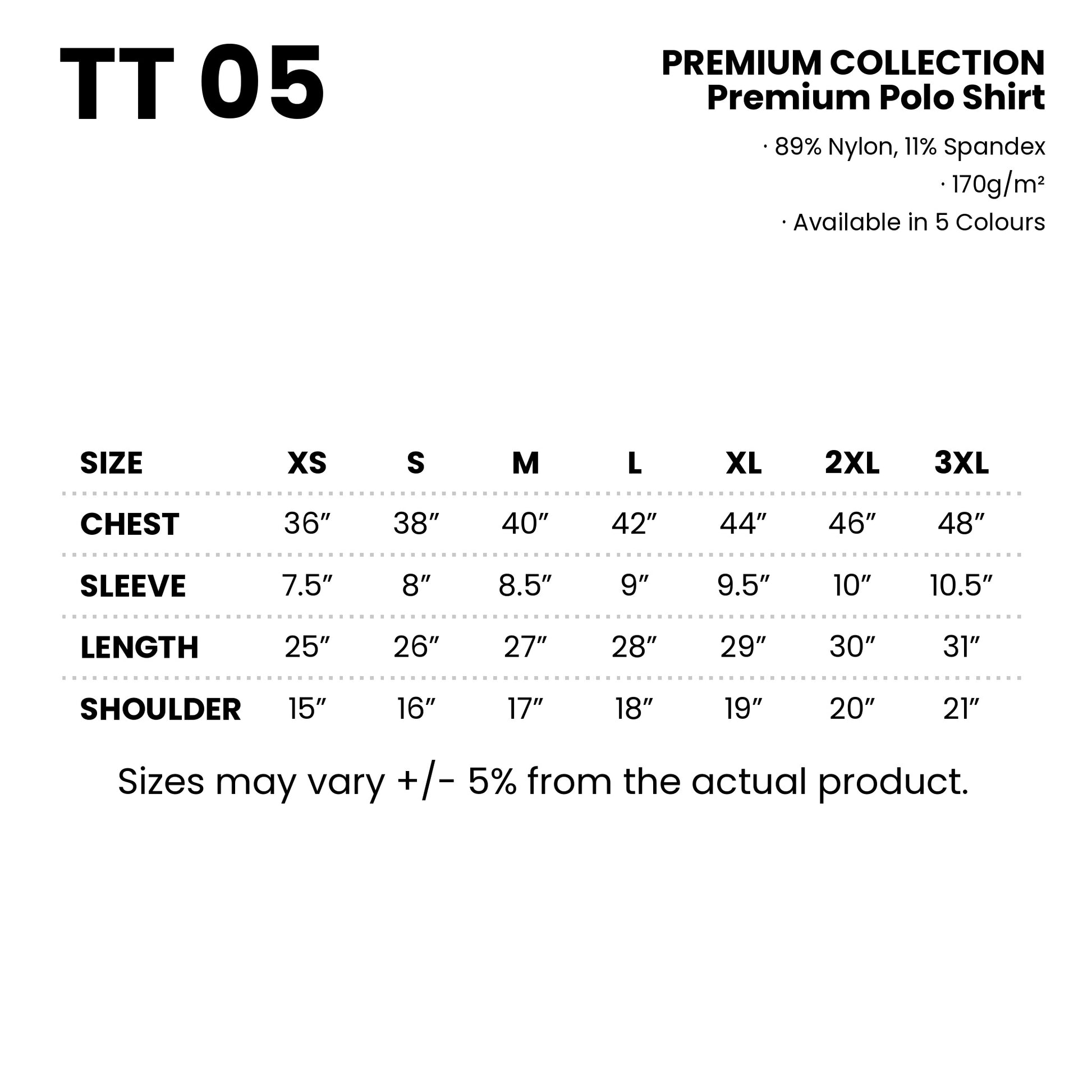 TT05 size chart from XS to 3XL with measurements