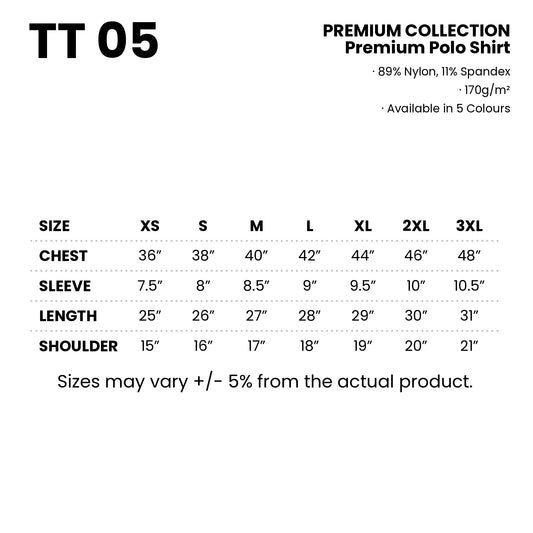 TT05 size chart from XS to 3XL with measurements