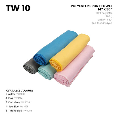 TW 10 polyester sport towel details - 100% polyester 200g, 14 x 30 inch, 5 colours with codes
