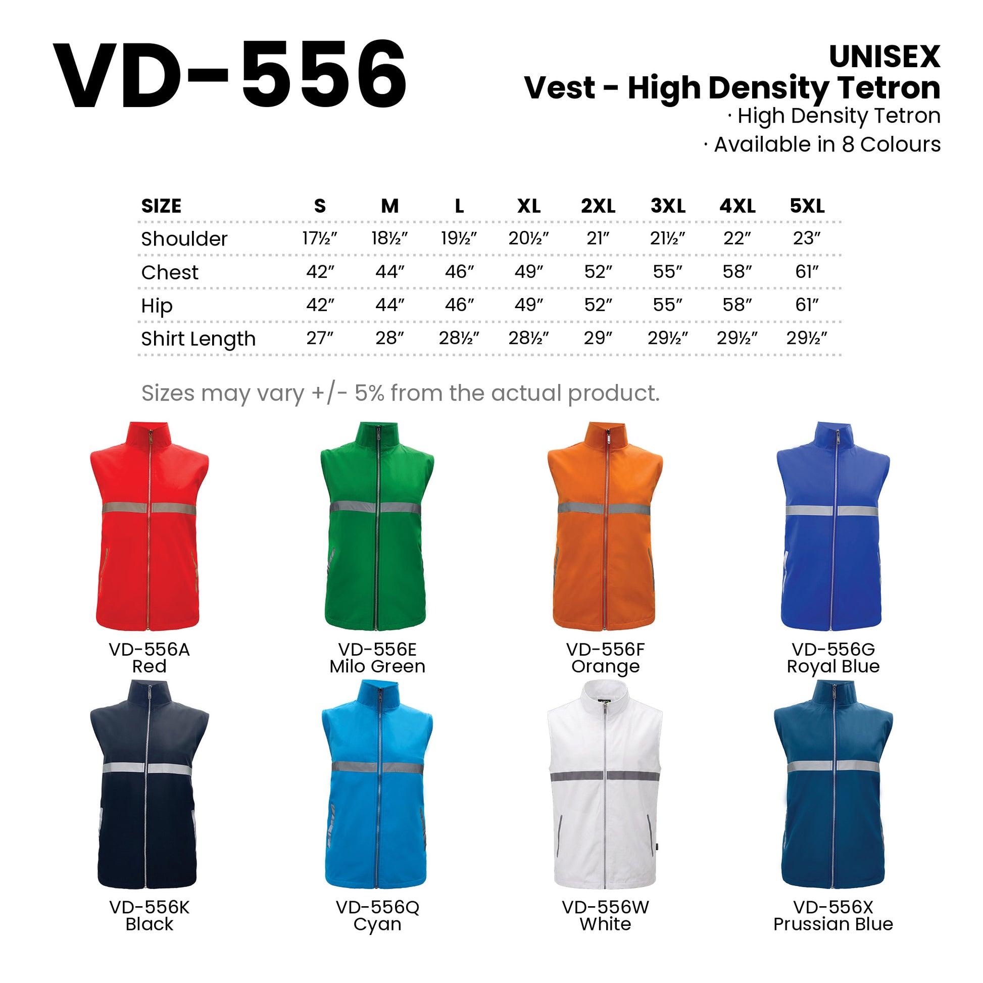 VD-556 size chart and all 8 colourways with codes and names