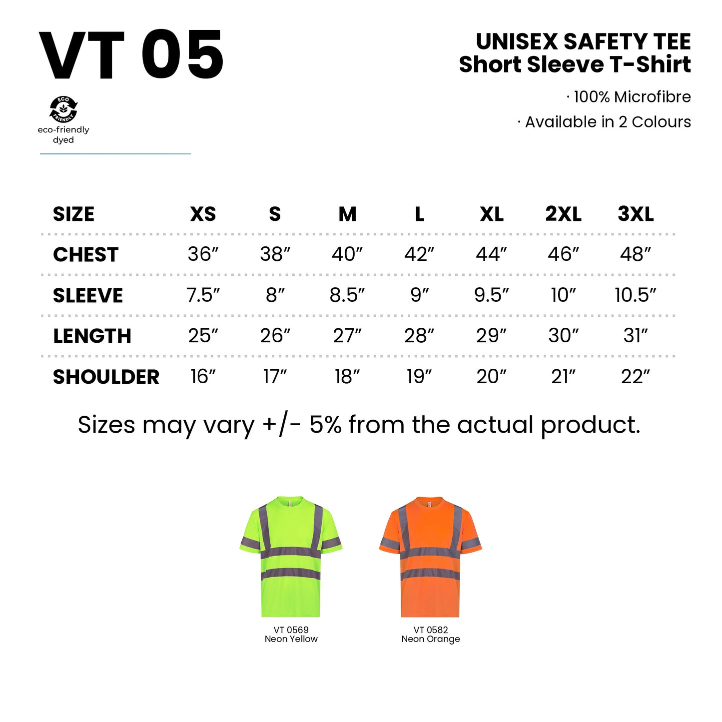 VT05 size chart from XS to 3XL with measurements
