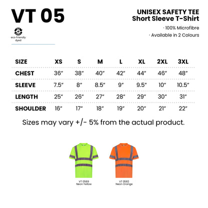 VT05 size chart from XS to 3XL with measurements
