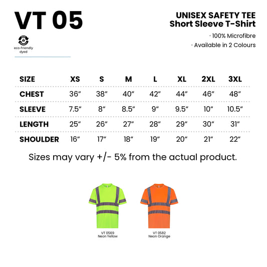 VT05 size chart from XS to 3XL with measurements