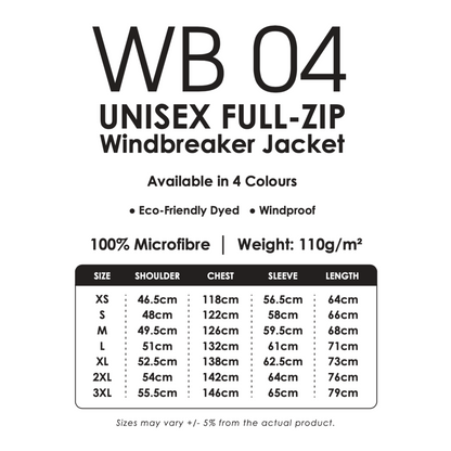 Windbreaker - Full-Zip | Unisex | WB04 | Size Chart