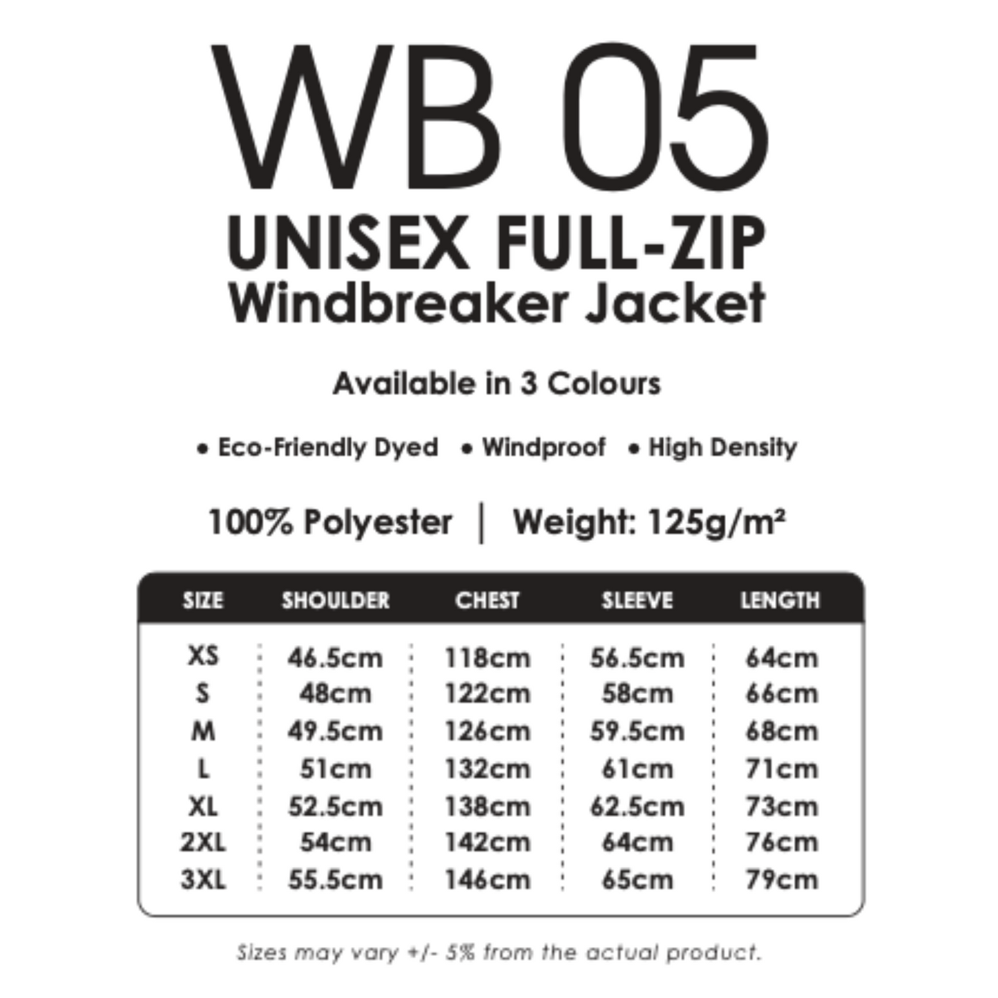 Windbreaker - Full-Zip | Unisex | WB05 | Size Chart