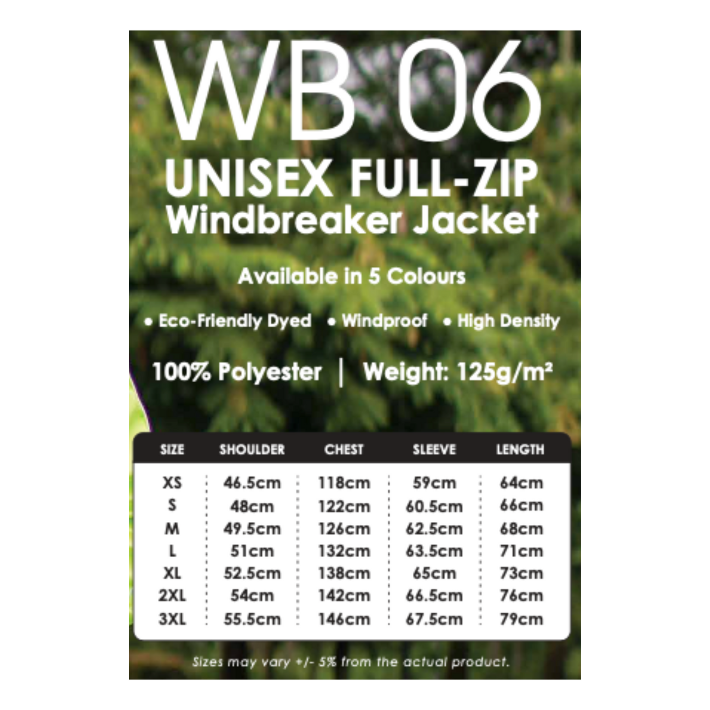 Windbreaker - Full-Zip | Unisex | WB06 | Size Chart