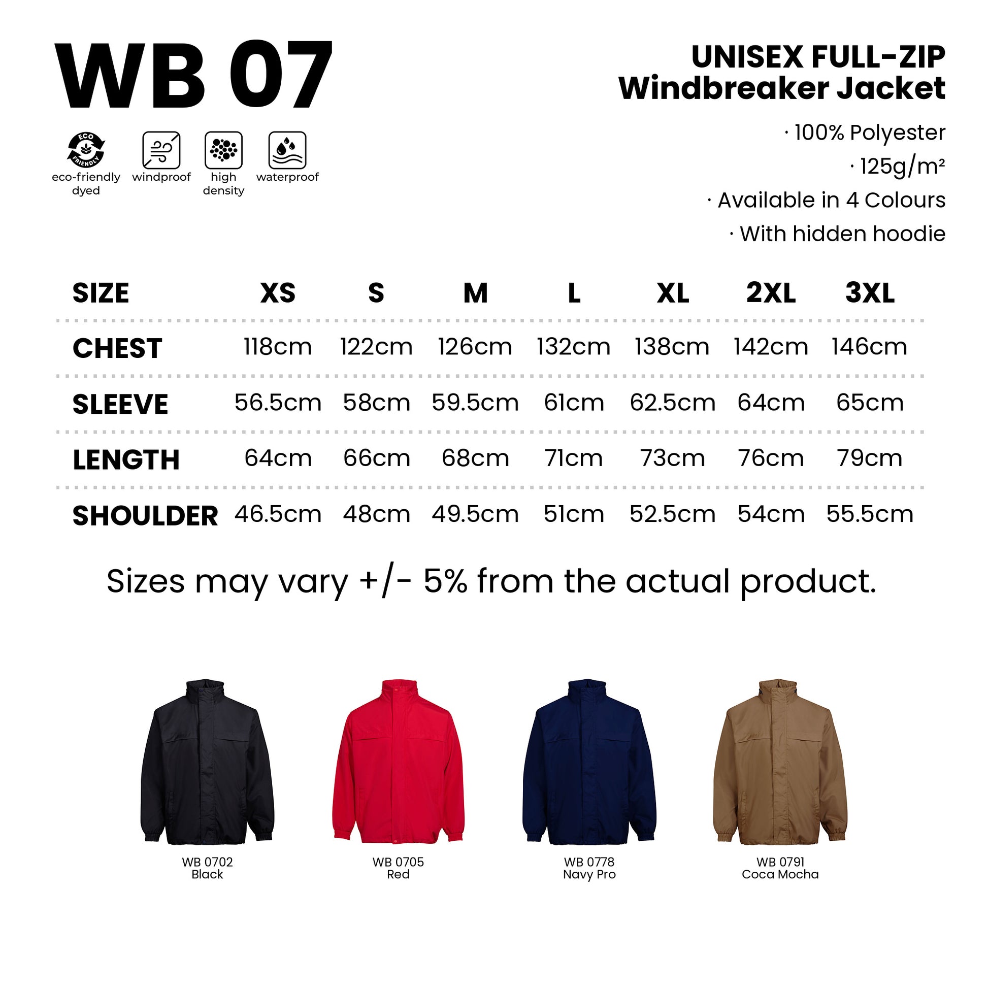 WB07 size chart from XS to 3XL with measurements