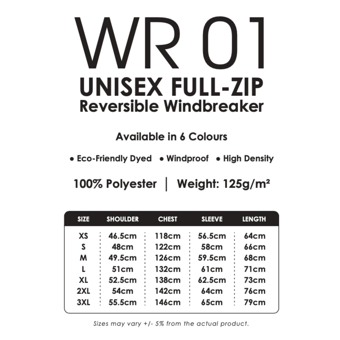 Windbreaker - Reversible | Full-Zip | Unisex| WR01 | Size Chart