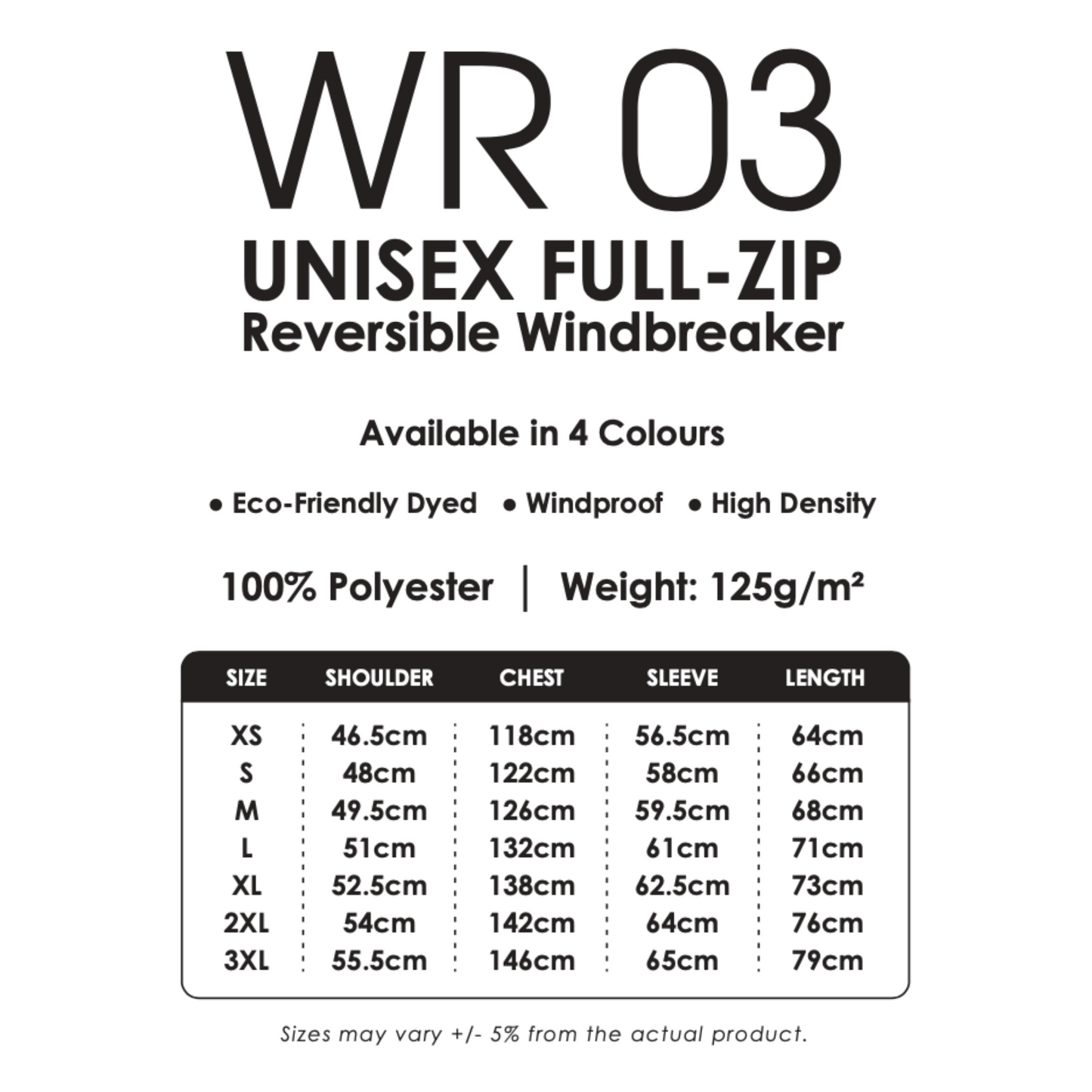 Windbreaker - Reversible | Full-Zip | Unisex | WR03 | Size Chart