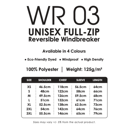 Windbreaker - Reversible | Full-Zip | Unisex | WR03 | Size Chart