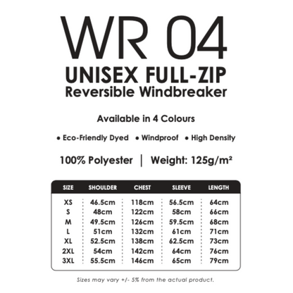 Windbreaker - Reversible | Full-Zip | Unisex | WR04 | Size Chart